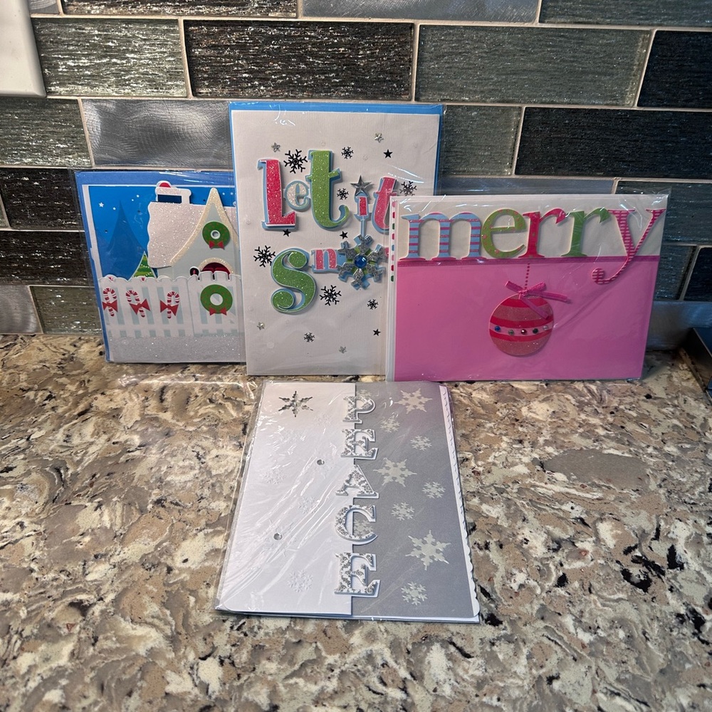 4 merry Christmas holiday season greetings 3-D cards. NIP.
